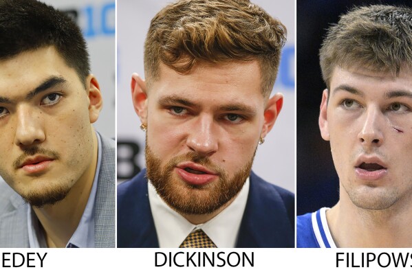 FILE - Members of the preseason AP All-America men’s NCAA college basketball team, revealed Monday, Oct. 23, 2023, from left; Armando Bacot, North Carolina; Zach Edey, Purdue; Hunter Dickinson, Kansas; Kyle Filipowski, Duke and Tyler Kolek, Marquette. (AP Photo/File)