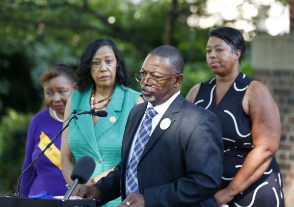 FILE - NAACP Virginia President Robert N. Barnette Jr. speaks near the Virginia Capitol, July 18, 2023, in Richmond, Va. From left, Denise Harrington, Gaylene Kanoyton, Barnette and Karen Jones attended the news conference. The Virginia NAACP said Monday, Nov. 6, that Gov. Glenn Youngkin's administration lacks clear standards for how it restores voting rights for convicted felons who served their sentences, leaving many frustrated and unable to vote in the nationally watched state elections on Tuesday, Nov. 7. (Daniel Sangjib Min/Richmond Times-Dispatch via AP, File)