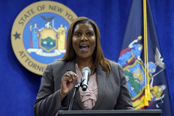 New York Attorney General Letitia James addresses a news conference at her office, in New York, Friday, May 21, 2021. James said Friday that she's assigned two lawyers to work with the Manhattan district's attorney's office on a criminal investigation into former President Donald Trump's business dealings. (AP Photo/Richard Drew)