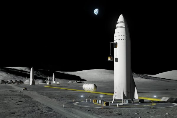 FILE - This artist's rendering made available by Elon Musk on Friday, Sept. 29, 2017 shows SpaceX's mega-rocket design on the Earth's moon. Amazon's Jeff Bezos and Virgin Galactic's Richard Branson favor going back to the moon before Mars. Musk also is rooting for the moon, although his heart's on Mars. (SpaceX via AP, File)