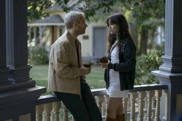 This image released by Lionsgate shows Martin Freeman and Jenna Ortega in "Miller's Girl." (Zac Popik/Lionsgate via AP)