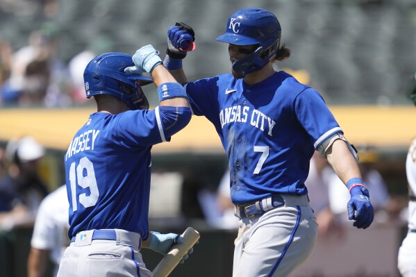 Kansas City Royals' Bobby Witt Jr., right, is congratulated by Michael Massey (19) after hitting a home run during the fifth inning of a baseball game against the Oakland Athletics in Oakland, Calif., Wednesday, Aug. 23, 2023. (AP Photo/Jeff Chiu)