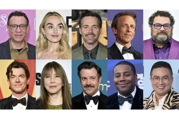 This combination of photos shows current and former members of "Saturday Night Live," top row from left, Fred Armisen, Chloe Fineman, Will Forte, Seth Meyers, Bobby Moynihan, bottom row from left, John Mulaney, Laraine Newman, Jason Sudeikis, Kenan Thompson and Bowen Yang. (AP Photo)