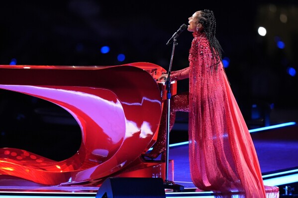 Alicia Keys performs during halftime of the NFL Super Bowl 58 football game between the San Francisco 49ers and the Kansas City Chiefs on Sunday, Feb. 11, 2024, in Las Vegas. (AP Photo/Frank Franklin II)