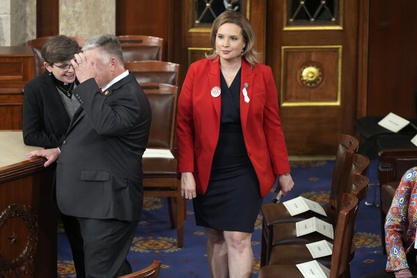 Rep. Ashley Hinson, R-Iowa, arrives before President Joe Biden delivers the State of the Union address to a joint session of Congress at the U.S. Capitol, Thursday March 7, 2024, in Washington. (AP Photo/Andrew Harnik)