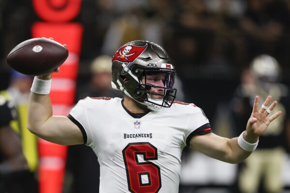 Tampa Bay Buccaneers quarterback Baker Mayfield (6) looks to pass in the first half of an NFL football game against the New Orleans Saints, in New Orleans, Sunday, Oct. 1, 2023. (AP Photo/Butch Dill)
