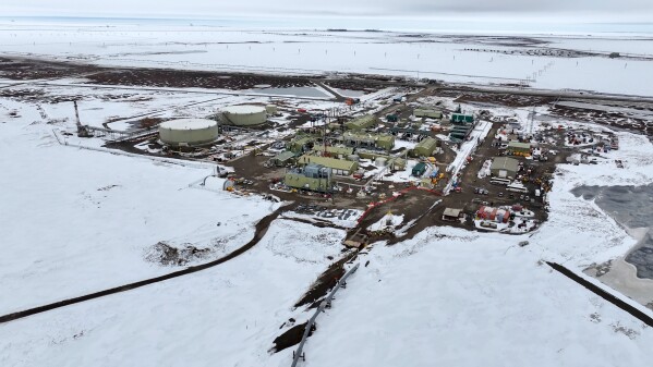 Pump Station 1 is seen on Monday, June 2, 2025, located near Deadhorse, Alaska, on the state's prodigious North Slope, with the start of the Trans-Alaska Pipeline at bottom center. (AP Photo/Jenny Kane)
