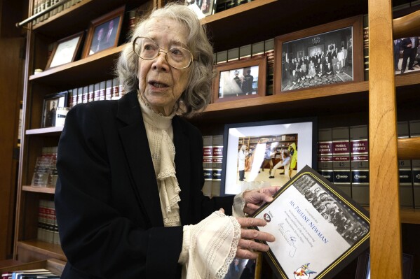 Judge Pauline Newman, who is on the U.S. Court Court of Appeals for the Federal Circuit, poses in her office in Washington, on May 3, 2023. Newman has been barred from hearing cases for a year after a judicial panel said she refused to undergo medical testing over concerns she's no longer mentally fit to serve on the bench. (Bill O'Leary/The Washington Post via AP)