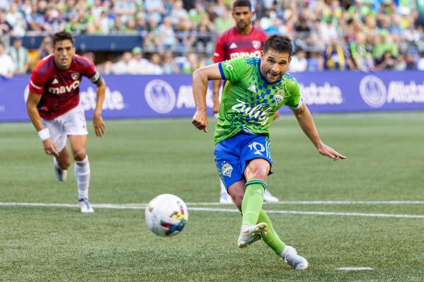 Seattle Sounders Nicolas Lodeiro buries the penalty kick during the first half of an MLS soccer game against FC Dallas, Tuesday, Aug. 2, 2022 in Seattle. (Dean Rutz/The Seattle Times via AP)