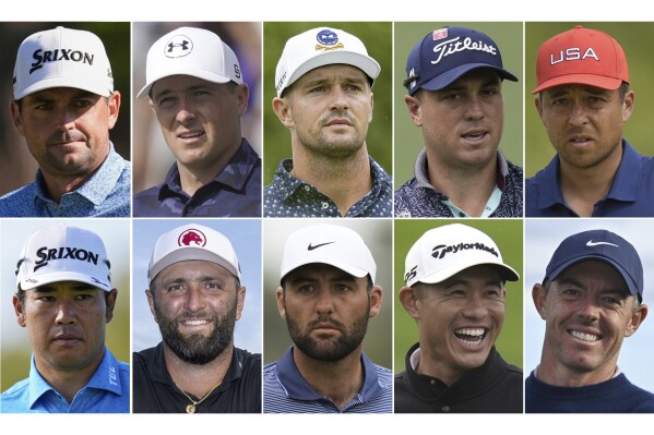 This combo of file photos shows professional golfers, from top left, Keegan Bradley, Jordan Spieth, Bryson DeChambeau, Justin Thomas and Xander Schauffele, bottom row from left, Hideki Matsuyama, Jon Rahm, Scottie Scheffler, Collin Morikawa, and Rory McIlroy. (AP Photo/File)
