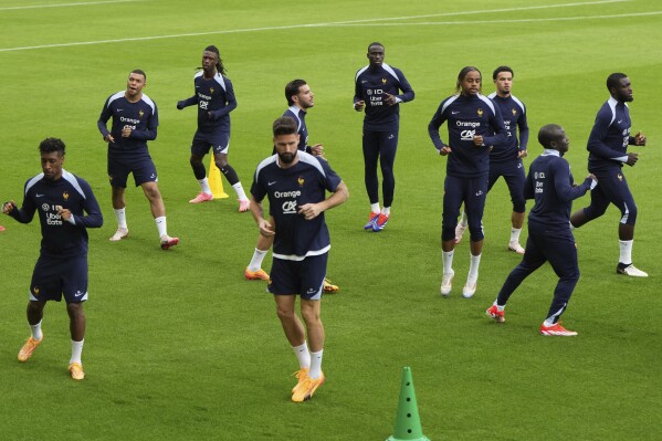 France players train during a training session in Paderborn, Germany, Saturday, June 15, 2024. France will play against Austria during their Group D soccer match at the Euro 2024 soccer tournament on June 17. (AP Photo/Hassan Ammar)