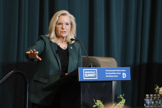 In this image provided by Dartmouth, former Rep. Liz Cheney speaks at Dartmouth in Hanover, N.H., Friday, Jan. 5, 2024. On a mission to keep former President Donald Trump from returning to the White House, Cheney is urging New Hampshire voters to use their upcoming presidential primary to send a message to the world. (Robert Gill/Dartmouth via AP)