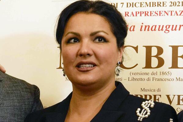 FILE - Russian soprano Anna Netrebko appears at a news conference to present Giuseppe Verdi's "Macbeth" in Milan, Italy, on Nov. 29, 2021.  Netrebko has been hired by the Monte Carlo Opera to sing this month following the Metropolitan Opera’s decision to drop her for failing to repudiate Russia President Vladimir Putin. She will sing the title role in Puccini’s “Manon Lescaut” in performances on April 22, 24, 27 and 30. (AP Photo/Luca Bruno, File)