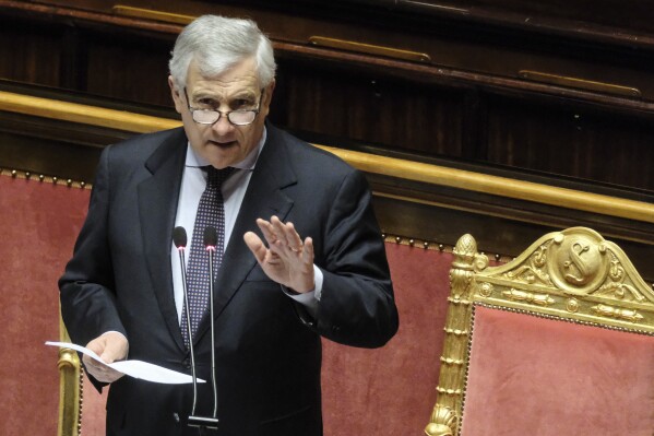 Italian Foreign Minister Antoni Tajani speaks at the Senate on a EU naval mission in the Red Sea, in Rome, Tuesday, March 5, 2024. Italian lawmakers on Tuesday approved Italy’s participation in an EU naval mission to protect cargo ship in the Red Sea from attacks by Houthi rebels in Yemen threatening maritime traffic. Tajani told lawmakers before the vote that the mission, launched last month, is strictly defensive, but that Italian ships would have the power to defend themselves as the Italian Caio Duilio destroyer did Saturday when it shot down a drone launched by Houthis in a strait between the Arabian Peninsula and the Horn of Africa. (Mauro Scrobogna/LaPresse via AP)