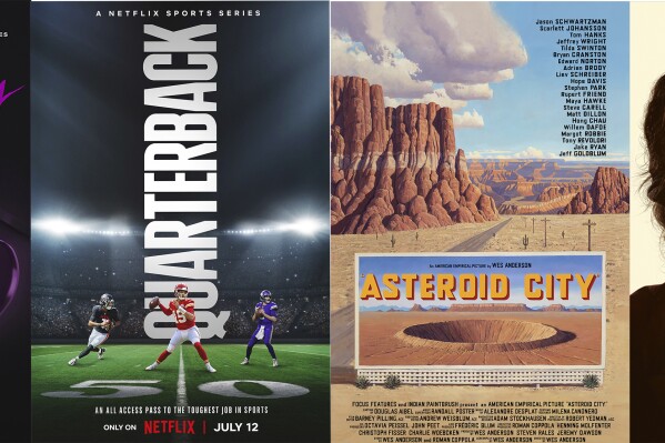 This combination of images shows promotional art for "Secrets of Playboy" returning for a second season July 10 on A&E, from left, “Quarterback," a series premiering July 12 on Netflix, "Asteroid City," available July 12 on VOD and "Bird Box Barcelona," premiering July 14 on Netflix. (A&E/Netflix/Focus Features/Netflix via AP)