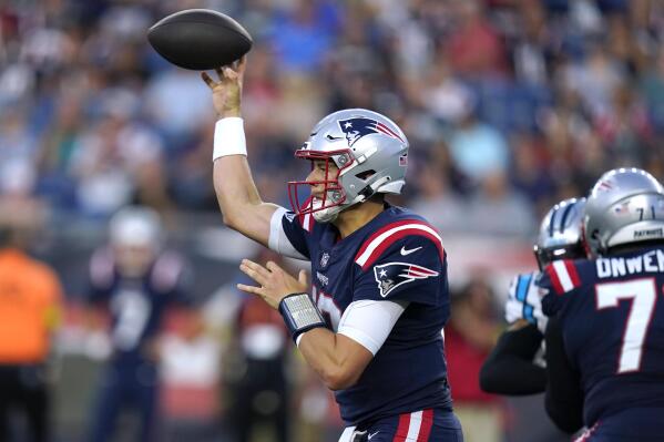 New England Patriots quarterback Mac Jones throws a pass against the Carolina Panthers during the first half of a preseason NFL football game Friday, Aug. 19, 2022, in Foxborough, Mass. (AP Photo/Michael Dwyer)