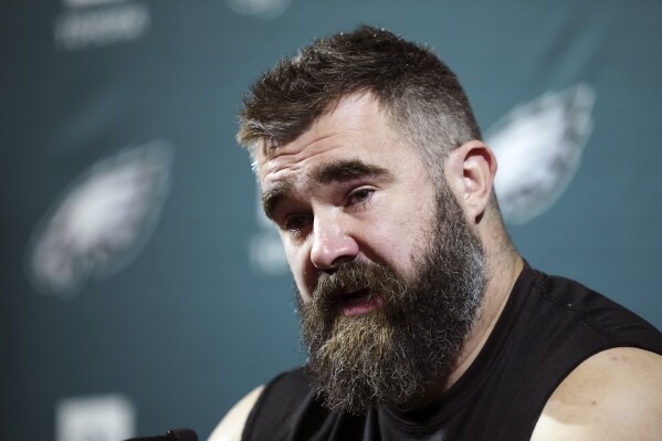 Philadelphia Eagles’ Jason Kelce announces his retirement during a press conference in Philadelphia, Monday, March 4, 2024. (AP Photo/Matt Rourke)