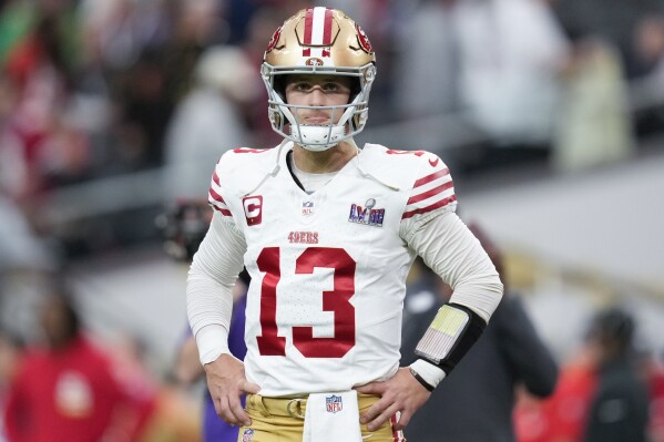 San Francisco 49ers quarterback Brock Purdy (13) warms up before the NFL Super Bowl 58 football game against the Kansas City Chiefs, Sunday, Feb. 11, 2024, in Las Vegas. (AP Photo/Ashley Landis)