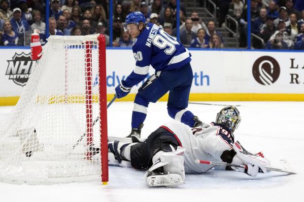 Tampa Bay Lightning center Vladislav Namestnikov (90) watches his shot get past Columbus Blue Jackets goaltender Elvis Merzlikins for a goal during the second period of an NHL hockey game Tuesday, Jan. 10, 2023, in Tampa, Fla. (AP Photo/Chris O'Meara)