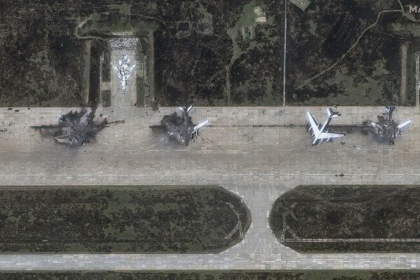 This satellite image provided by Maxar Technologies shows damage from a Ukrainian drone attack at the Belaya Air Base in the Irkutsk region of eastern Siberia, Russia, on Wednesday, June 4, 2025. (Maxar Technologies via AP, File)
