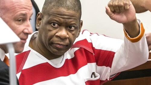 FILE - Death row inmate Rodney Reed waves to his family in the Bastrop County District Court in Bastrop, Texas, Oct. 13, 2017. An appeals court on Wednesday, June 28, 2023, denied a request for a new trial for longtime Texas death row inmate Reed, whose supporters say evidence has long raised doubts about his guilt. (Ricardo B. Brazziell/Austin American-Statesman via AP, File)