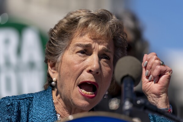FILE - Rep. Jan Schakowsky, D-Ill., speaks at a rally on Capitol Hill in Washington, Sept. 28, 2022. The federal government requires every state to recover money from the assets of dead people who, in their final years, relied on Medicaid for long-term care. Now, critics want the federal government to stop doing that because, they say, the program collects a bit of money from the poorest people. Schakowsky reintroduced legislation that would end the federal government's mandate. (AP Photo/Andrew Harnik, File)
