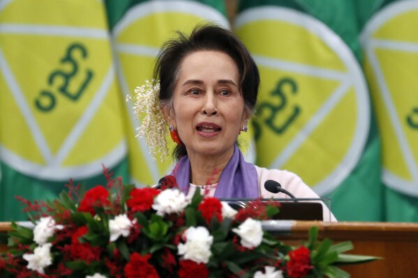 FILE - Myanmar's then leader Aung San Suu Kyi delivers a speech in Naypyitaw, Myanmar, on Jan. 28, 2020. Myanmar’s Supreme Court on Friday, Oct. 6, 2023, declined to hear special appeals from the country’s ousted leader Aung San Suu Kyi against her convictions in six corruption cases where she was found guilty of abusing her authority and accepting bribes, a legal official said. (AP Photo, File)
