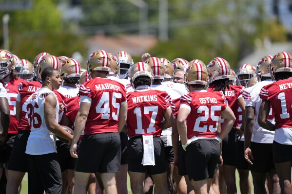 San Francisco 49ers players huddle before the NFL football team's rookie minicamp in Santa Clara, Calif., Friday, May 9, 2025. (AP Photo/Tony Avelar)