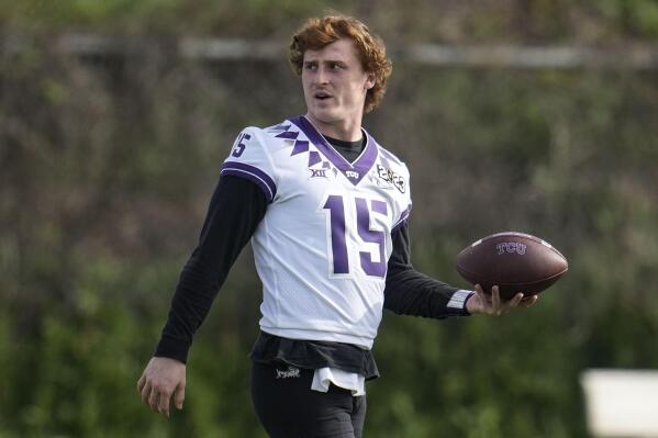 TCU quarterback Max Duggan (15) warms up during practice ahead of the national championship NCAA College Football Playoff game between Georgia and TCU, Saturday, Jan. 7, 2023, in Inglewood, Calif. The championship football game will be played Monday. (AP Photo/Marcio Jose Sanchez)