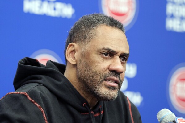 FILE - Detroit Pistons general manager Troy Weaver addresses the media, Friday, Feb. 9, 2024, in Detroit. Weaver responded to a heckling fan in the stands with an expletive-laced response and pointed him out to security at Little Caesars Arena. The heated exchange occurred during Detroit’s 142-124 loss at home to the Dallas Mavericks, Saturday, March 9, 2024, and was shared on social media. (AP Photo/Carlos Osorio, File)