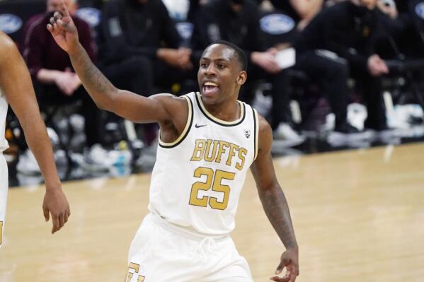 FILE - In this March 4, 2021, file photo, Colorado guard McKinley Wright IV gestures as time runs out in the second half of an NCAA college basketball game against Arizona State in Boulder, Colo. (AP Photo/David Zalubowski, File)