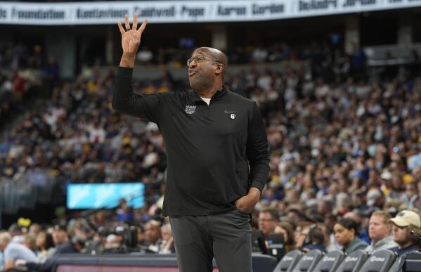 Sacramento Kings head coach Mike Brown directs his team against the Denver Nuggets in the second half of an NBA basketball game Sunday, April 9, 2023, in Denver. (AP Photo/David Zalubowski)