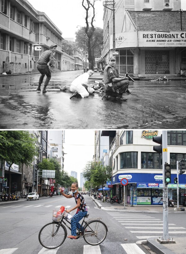 This combination of photos shows medic attending to the wounded, as American soldiers in Saigon's Hai Ba Trung Street shoot and run on May 10, 1966, after an explosion of a claymore mine near a U.S. Bachelor officer's quarters by Viet Cong, top, and the same location in Ho Chi Minh City, Vietnam, on April 18, 2025. (AP Photo/Thanh Hue)