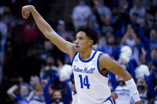Seton Hall's Jared Rhoden celebrates after scoring during the first half of the team's NCAA college basketball game against Xavier, Wednesday, Feb. 9, 2022, in Newark, N.J. (AP Photo/John Minchillo)