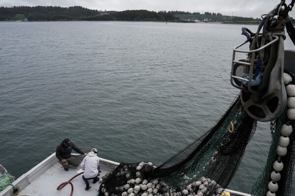 Juan Zuniga, right, a first-year deckhand on the Agnes Sabine, refuels the boat as Darren Platt, the ship's captain, observes, Friday, June 23, 2023, in Kodiak, Alaska. Retaining deckhands is key for Platt and he says he focuses on keeping crew members as comfortable as possible so that they might return again to work the following season while teaching them the skills they need to perform their job on the boat. (AP Photo/Joshua A. Bickel)