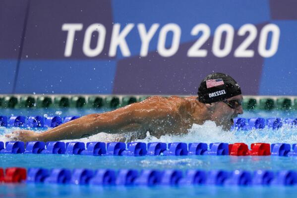 Caeleb Dressel, of United States, swims in the men's 4x100-meter medley relay final at the 2020 Summer Olympics, Sunday, Aug. 1, 2021, in Tokyo, Japan. (AP Photo/David Goldman)