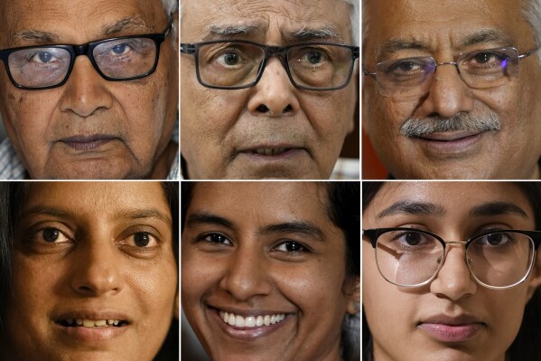 This combo photograph shows Indian voters, top row left to right, Raj Sud, 94, Niranjan Kapasi, 89 , Kuldip Chadha, 79, Ajay Sud, 63, Dhiren Singh, 58, and in second row, left to right, Ajay Jasra, 56, Retha Singh, 49, Shruti Sud, 34, Manya Sachdev, 22 and Anita Jasra, 18, as they talk to the Associated Press about the national elections, in New Delhi, India, March 29, 2024. (AP Photo/Manish Swarup)