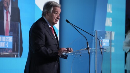 UN Secretary General Antonio Guterres addresses the assembly during the opening session of a three-day U.N. Food and Agriculture Agency's summit on food systems in Rome, Monday, July 24, 2023. (AP Photo/Andrew Medichini)