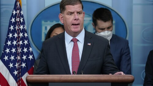 FILE - Labor Secretary Marty Walsh speaks during a briefing at the White House in Washington, May 16, 2022. Marty Walsh was less than halfway through his term in the Biden administration as Secretary of Labor when the phone rang with an interesting opportunity. The call was about a job running the NHL Players' Association. The former mayor of Boston and longtime Bruins fan was intrigued, interviewed and earlier this year got the role as executive director. (AP Photo/Susan Walsh, File)