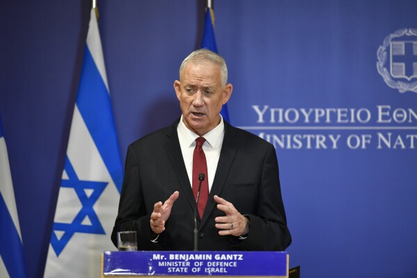 File - Israeli Defense Minister Benny Gantz, speaks during a joint press conference with his Greek counterpart Nikos Panagiotopoulos, at the Greek Ministry of Defence, in Athens, Greece, Friday, Nov. 18, 2022. The Dutch Supreme Court on Friday, Aug. 25, 2023, upheld a ruling that a Palestinian man cannot sue Israel's former defense minister and another former senior military officer over their roles in a deadly 2014 airstrike. (AP Photo/Michael Varaklas, File)
