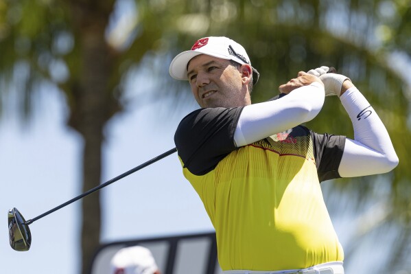 Captain Sergio Garcia of Fireballs GC hits from the third tee during the second round of LIV Golf Miami at the Trump National Doral on Saturday, April 6, 2024, in Doral, Fla. (Photo by Scott Taetsch/LIV Golf via AP)