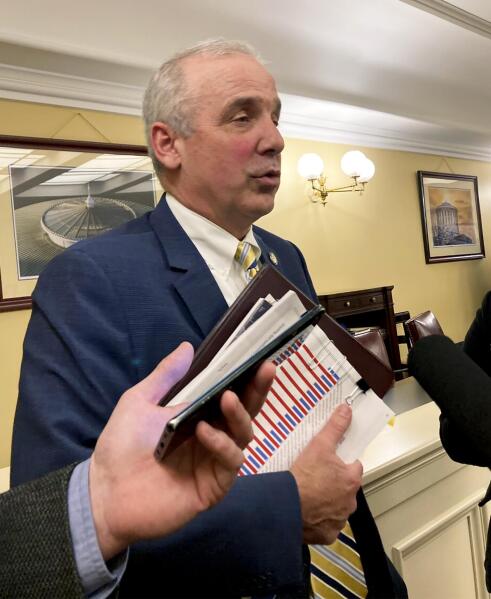 Ohio Senate President Matt Huffman speaks to reporters after a meeting of the Ohio Redistricting Commission on Wednesday, Feb. 23, 2022, at the Ohio Statehouse in Columbus, Ohio.  (AP Photo/Julie Carr Smyth)