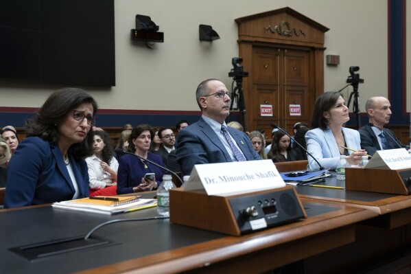 From Left; Columbia President Nemat Shafik, Professor David Schizer, Dean Emeritus and Harvey R. Miller Professor of Law & Economics, Columbia Law School, Claire Shipman, Board of Trustees Co-Chair, Columbia University and David Greenwald, Board of Trustees Co-Chair, Columbia University testify before the House Committee on Education and the Workforce hearing on "Columbia in Crisis: Columbia University's Response to Antisemitism" on Capitol Hill in Washington, Wednesday, April 17, 2024. (AP Photo/Jose Luis Magana)