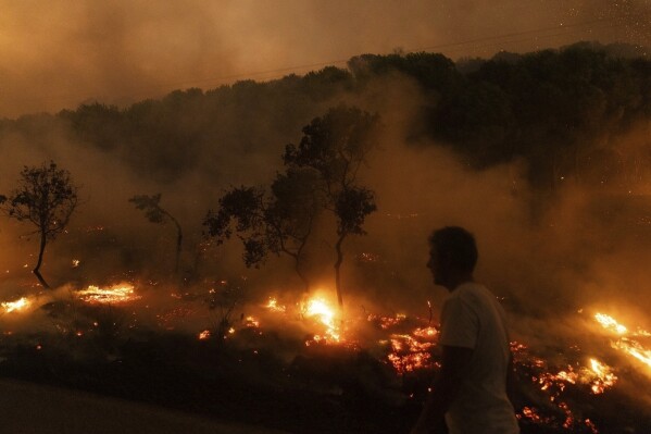 Un incendio forestal en la aldea de Dikela, cerca de Alejandrópolis, en la región de Evros en Grecia, el 22 de agosto de 2023. (Foto AP/Achilleas Chiras)