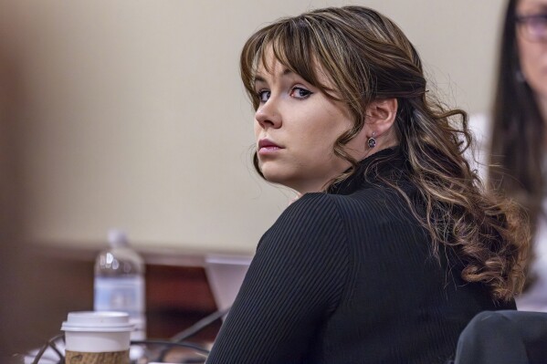 FILE - Hannah Gutierrez-Reed, the former armorer at the movie "Rust," listens to closing arguments in her trial at district court, Wednesday, March 6, 2024, in Santa Fe, N.M. Gutierrez-Reed has been incarcerated at a county jail ahead of a scheduled sentencing hearing, Monday, April 15, 2024, on a involuntary manslaughter conviction. (Luis Sánchez Saturno/Santa Fe New Mexican via AP, Pool, File)