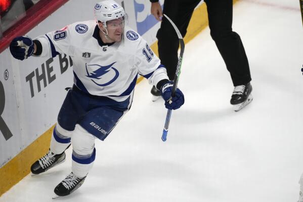 Tampa Bay Lightning left wing Ondrej Palat celebrates aftger scoring the go-ahead goal against the Colorado Avalanche during the third period of Game 5 of the NHL hockey Stanley Cup Final on Friday, June 24, 2022, in Denver. (AP Photo/David Zalubowski)