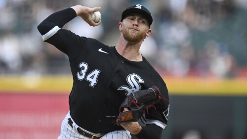 Chicago White Sox starting pitcher Michael Kopech throws during the first inning of the team's baseball game against the Texas Rangers, Wednesday, June 21, 2023, in Chicago. (AP Photo/Quinn Harris)