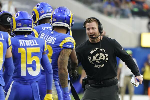 Los Angeles Rams head coach Sean McVay celebrates after a touchdown by running back Cam Akers during the first half of an NFL football game between the Los Angeles Rams and the Denver Broncos on Sunday, Dec. 25, 2022, in Inglewood, Calif. (AP Photo/Marcio J. Sanchez)