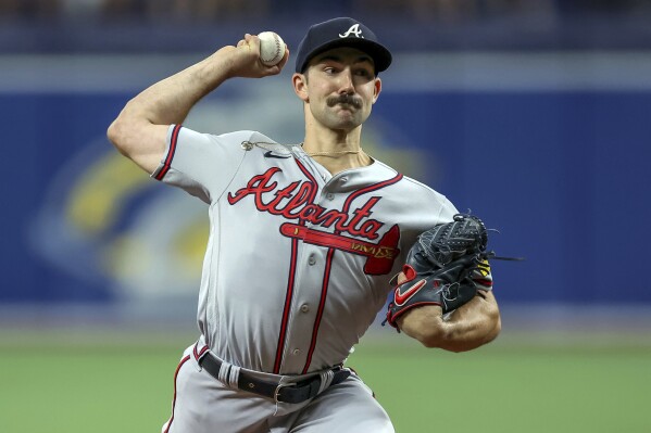 Atlanta Braves starting pitcher Spencer Strider throws against the Tampa Bay Rays during the second inning of a baseball game Saturday, July 8, 2023, in St. Petersburg, Fla. (AP Photo/Mike Carlson)