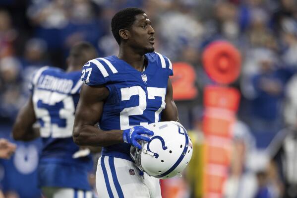 FILE - Indianapolis Colts cornerback Xavier Rhodes (27) walks to the sideline during an NFL football game against the New England Patriots on Dec. 18, 2021, in Indianapolis. The Buffalo Bills reinforced their injury-thinned secondary by signing Rhodes to the practice squad on Wednesday, Sept. 28, 2022. (AP Photo/Zach Bolinger, File)